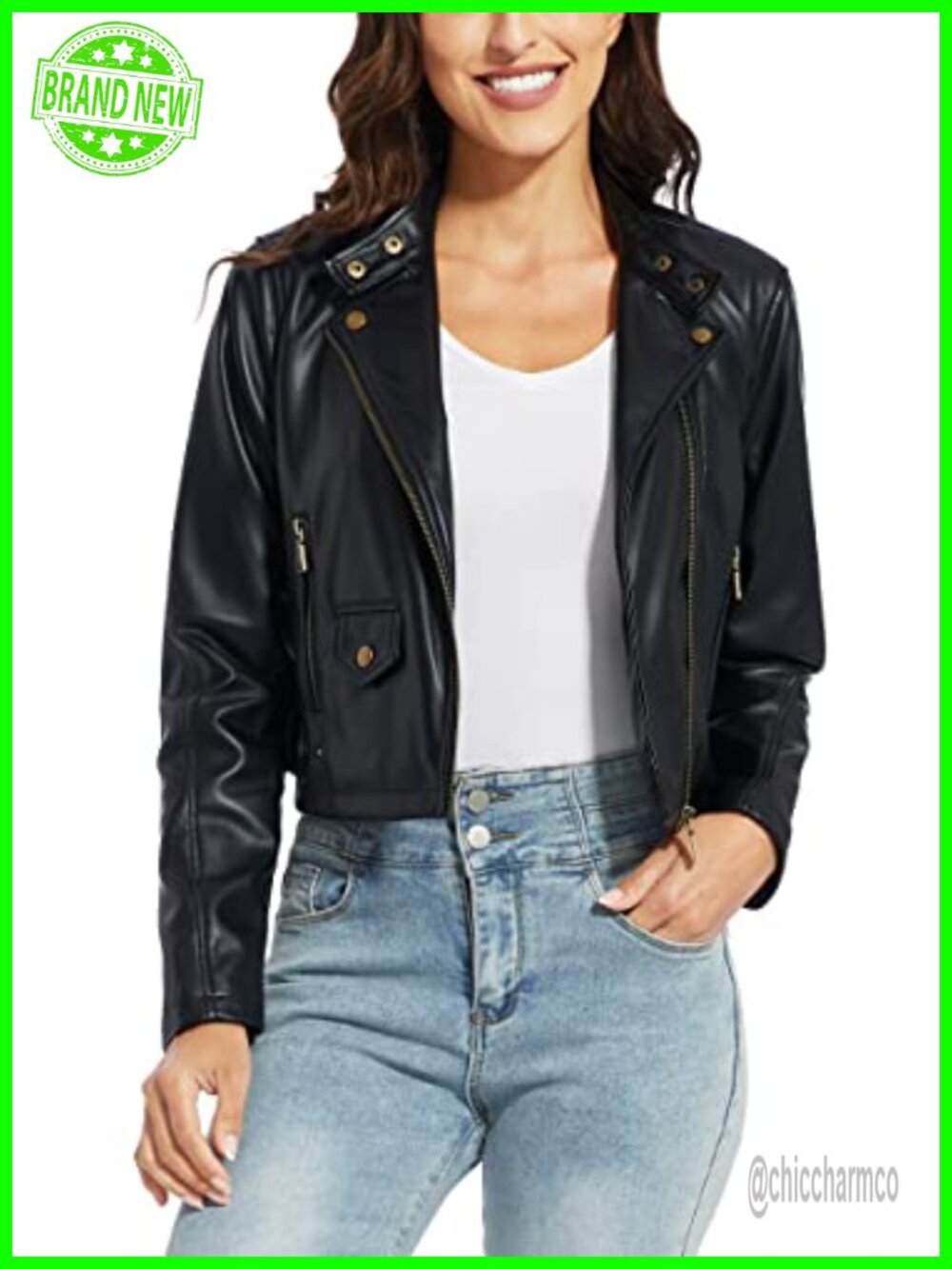 Faux Leather Zip Up Moto Biker Jacket Fitted Slim Coat Women's Outwear